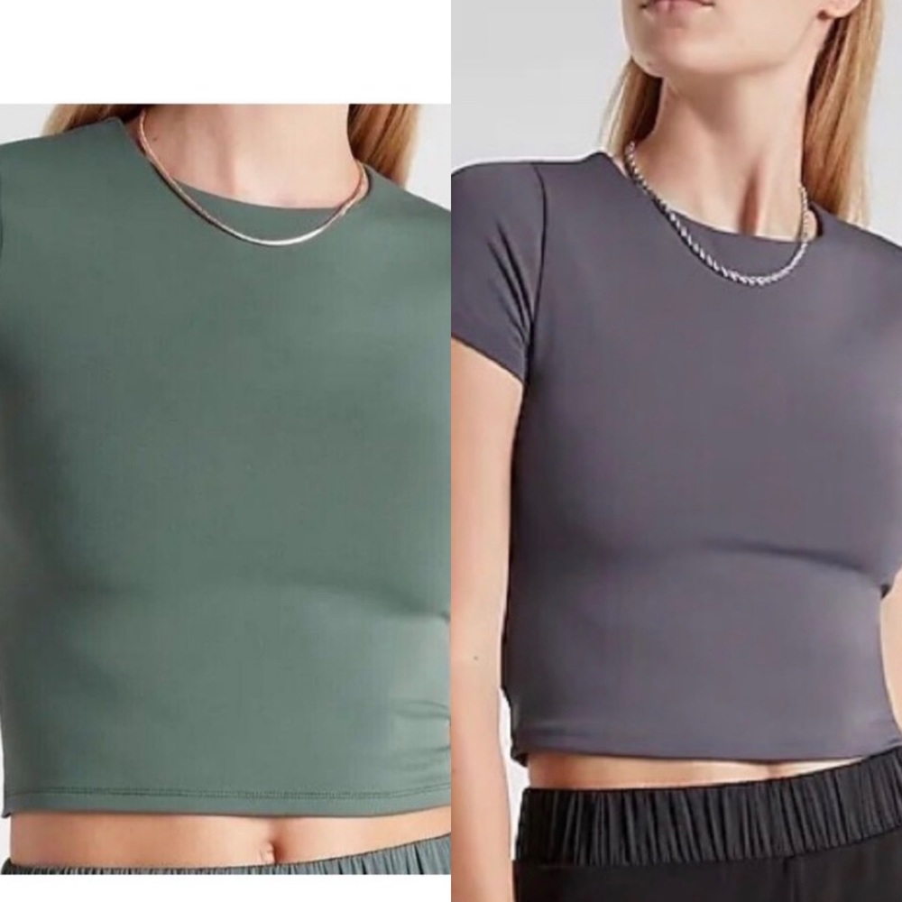 💚 2 Express Body Contour High Compression 90's Cropped Tee Basil and Charcoal